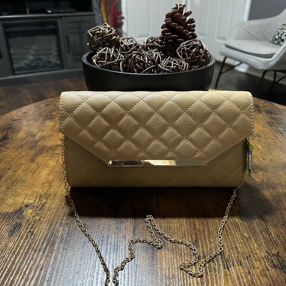 Elegant Tan Quilted Clutch with Chain Strap